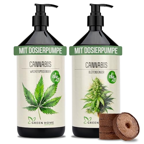 Green Home Cannabis Dünger Set Wachstum Blüte 2x1L Flüssigdünger mit Dosierpumpe für Indoor Outdoor Autoflower Hanf Pflanzen NPK 7+3+5 und 5+5+7 schnelle Nährstoffaufnahme