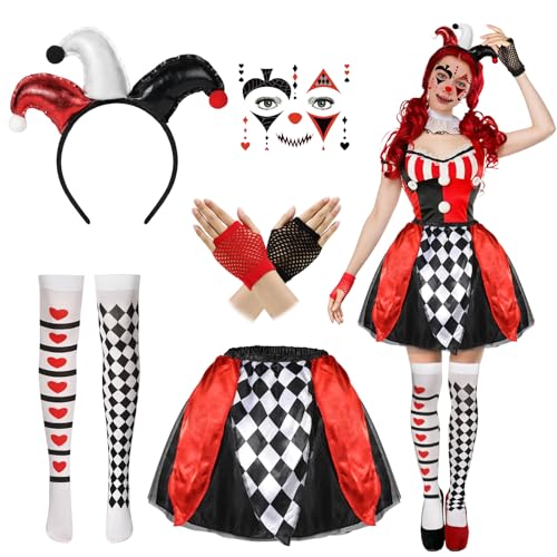 Beipegin 5 STK Halloween Clown Kostüm Damen, Harlekin Hut Haarreif Gesichtstattoo Handschuhe Strumpfhose Tütü Rock, Harlekin Halloween Kostüm Damen Clown Accessoires für Karneval Cosplay Mottoparty
