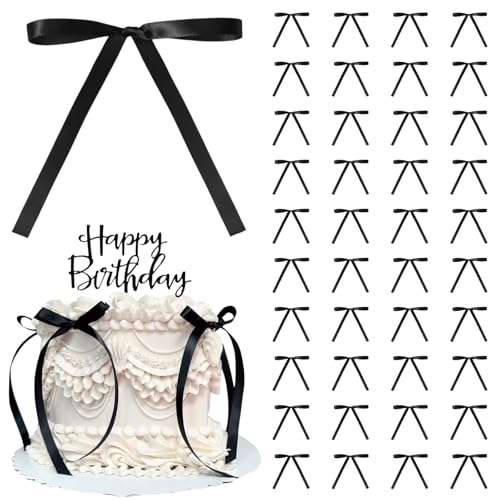 LUFFLOK 40 Stück Tortendeko Schleifen, Schwarz Schleifen Dekorationen Knoten Bänder Schleife, Schleife Torte Dessert Picks für Dekorationen Braut Babydusche Geburtstag Hochzeit (Schwarz)