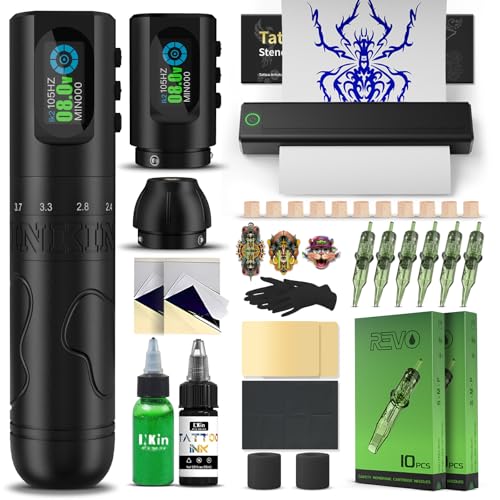 INKin Tattoo Maschine Set, Kabelloser Tätowiermaschine mit 2.0-4.2mm Hublänge und 1600mAh Batterien, Tattoo Zubehör Set Komplett mit Tattoo Drucker Bluetooth,Stencil Stuff,Tattoo Farbe und Nadeln