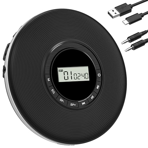 Greadio Tragbarer CD-Player Discman CD Spieler Anti-Skip Schutz 4 EQ-Sounds CD Player, TF-Karte/AUX-Ausgang Klein Musik Player, kompatibel mit CD-R, CD-RW und MP3 für Auto Zuhause (Schwarz)