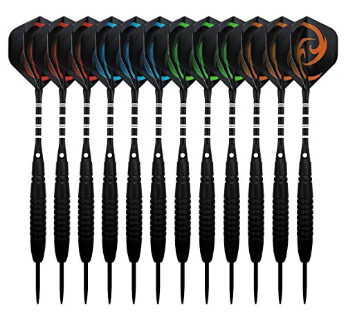 KOHMUI Dartpfeile, 12 Stück Steel Darts Pfeile Set, 23 Gramm Profi Steeldarts mit Metallspitze, Schwarz Rutschfeste Eisenfass, Aluminium Schaft, 40 Flights, 24 Anti-lose Gummiringe, Dartpfeil Spitzer