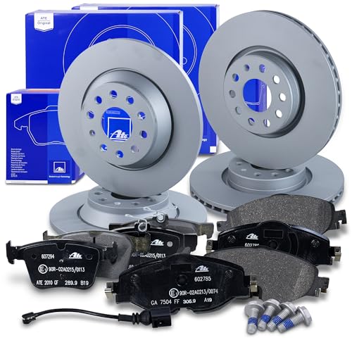 ATE Bremsenset inkl. Bremsscheiben vorne Ø 312 mm belüftet + hinten Ø 300 mm voll und Bremsbeläge vorne + hinten und Warnkontakt Kompatibel mit AUDI A3, SEAT, SKODA, VW GOLF, PASSAT, TIGUAN, TOURAN