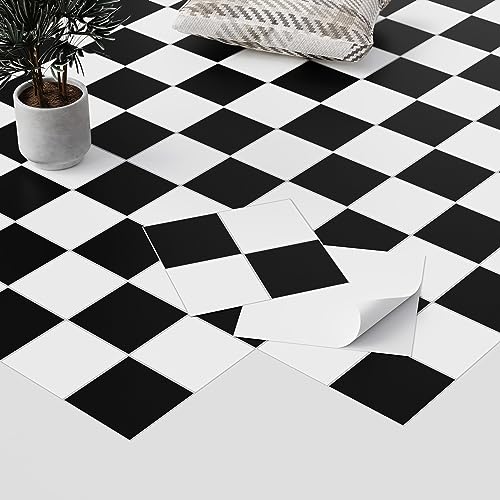 Homease PVC Bodenbelag Selbstklebende Fliesen Vinylboden, Rutschfeste Wasserdichte Schneidbar Fliesenoptik Bodenfliesen für Küche Wohnzimmer Balkon, Matt Schwarze Weiße Schachbrett 50 Fliesen 4.5m²