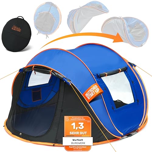 Burgwerk Wurfzelt für 3-4 Personen | 2 Sekunden Aufbau | 4000mm Wassersäule & UV-Schutz 50+ | Pop Up Zelt 3 Personen Wasserdicht Nachtblaue Schlafkabine | Verstärkte Heringe | Outdoor Camping Zelte