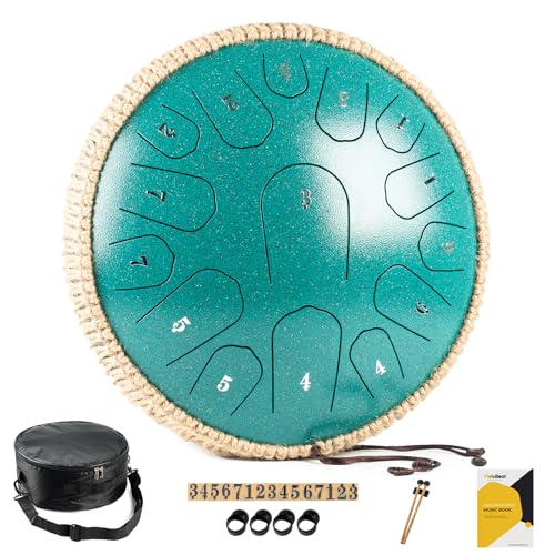 MeloBeat Zungentrommel 13 Zoll 15 Töne - Professionelles Steel Tongue Drum Handpan Set in D Dur inkl. Zungentrommel Liederbuch, Schlagzeug Sticks und Trommel Tragetasche (Grün)