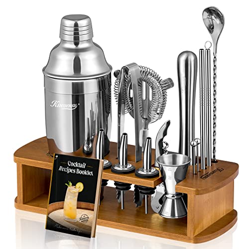 KITESSENSU Cocktail Shaker Set Barkeeper-Set mit Ständer – 18/8 Edelstahl Cocktailshaker, inklusive Martini Shaker, Jigger, Sieb, Mixlöffel, Stößel, Schnapsgießer, Bambus-Ständer – Silber
