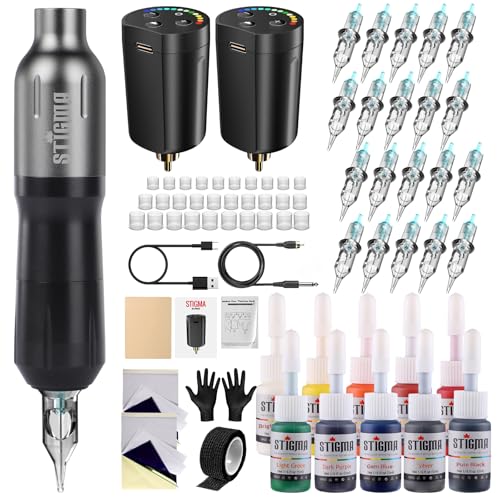 STIGMA Tattoo Maschine Set Wireless Tattoo Rotary Pen Kit Professionelles Tattoo-Maschinen-Set mit 2-teiligen Batterien 20-teilige Tattoo-Patronen-Nadeln für Anfänger und Tätowierer STP7KIT-1