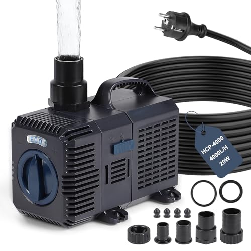 CPROSP 4000L/H Teichpumpe, 3,6m Förderhöhe, 20W Ultra-Sparsam Unterwasserpumpe mit 5m Kabel, Regelbarer Durchfluss, Leise & Langlebig mit Keramik-Achse, für Garten Teichfilter, Bachlauf, Wasserfall