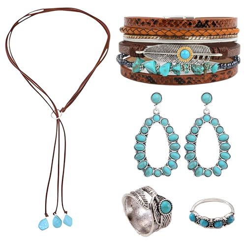 Western Outfit Damen,Cowgirl Outfit Damen,Cowgirl Kostüm Damen Schmuck Set 5 Stück, Western Cowboy Kostüm Damen Accessoires Mit Türkis Halskette Armband Ringen Und Ohrringen Für Karneval Fasching