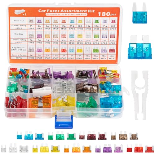 180 pcs Kfz Sicherungen Set, Auto Sicherungen Set, Micro sicherungen Auto, Mini Flachsicherungen, Standard, 1 Sicherungszieher-für PKW/Motorrad/Wohnmobil(2A-40A)