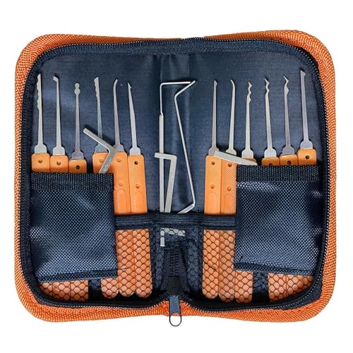 YQLEISHI Lockpicking Kit, 17-teiliges Dietrich-Set mit Handbuch und Reißverschluss-Etui für Lockpicking, Extractor Tool für Anfänger und Schlosserausbildung (Ohne Vorhängeschloss, Orange)
