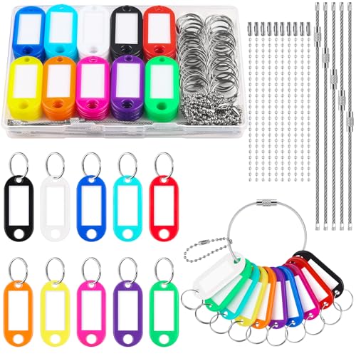 Caianwin 50 Stück Schlüsselanhänger Beschriftbar Set, 10 Farben Schlüsselanhänger mit Beschreibbaren Etiketten, 10 Kugelketten und 5 Schlüsselring Drahtseil