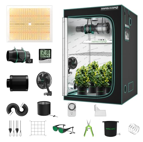 MARS HYDRO TSW2000 Growzelt Komplettset,LED Vollspektrum Dimmbar Grow Lampe, 120X120X200cm 1680D Hohe Reflektivität Grow Box Komplettset,6