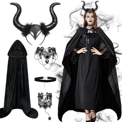 GEEKEO Malefiecent Kostüm Damen,Teufel Karneval Kostüm Schwarz Umhang mit Kapuze, Haarband mit Dämonenhorn, Retro Halskette Armband Böse Königin Gotisch Fasching Cosplay Set für Halloween Maskerade