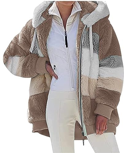 Livonmone Fleecejacke Hoodie Damen Kapuzenpullover Teddy-Fleece Warm Herbst Wintermantel Stilvoller ReißVerschluss Fellmantel PlüSchjacke Mit Taschen (Braun, L)