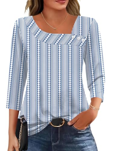 Kistore Sommer Blau Weiß Streifen 3/4 Arm Top für Damen XXL