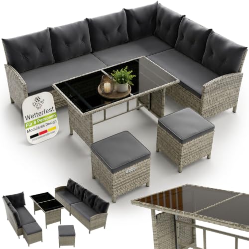 Juskys Polyrattan Lounge Manacor mit Ecksofa, Esstisch, 2 Hocker & Kissen - wetterfest bis 7 Personen - Bezüge waschbar - Rattan Garten Sitzgruppe Gartenlounge Gartenmöbel Set - Grau-meliert