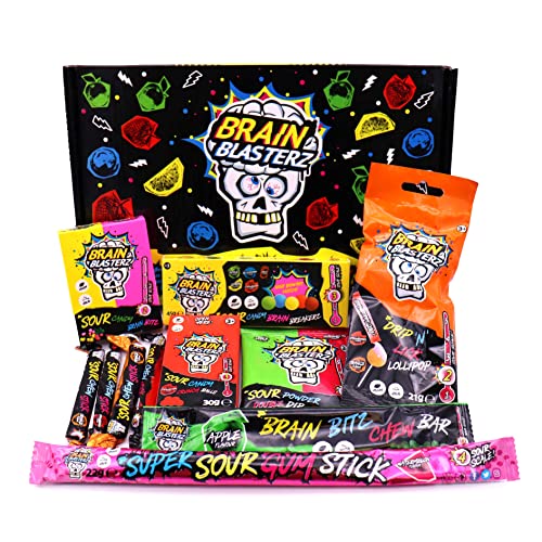 Brain Blasterz Sour Candy klein Geschenkbox, Brain Breakerz, Kauriegel, Lollipops, Sauerkergummi, Apfel, Erdbeere, Wassermelone, Cola, Zitrone, Orange, Halloween Süßigkeiten
