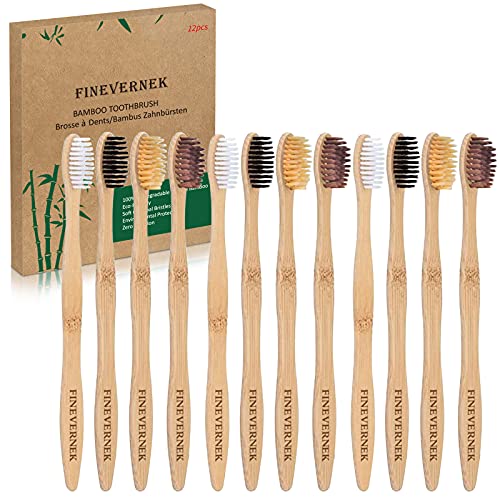FINEVERNEK 12 Pack Bambus Zahnbürst Holz Zahnbürste Nachhaltige, Biologisch BPA-frei, Biologisch Abbaubar, Umweltfreundlich, Vegan, Unabhängige Verpackung
