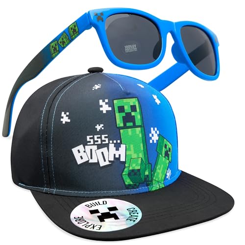 Minecraft Basecap Kinder Jungen Set Snapback Cap Kinder und Sonnenbrille UV Schutz Creeper Sonnenschutz Kappe Geschenke Jungs (6-14 Jahre, Schwarz/Blau)