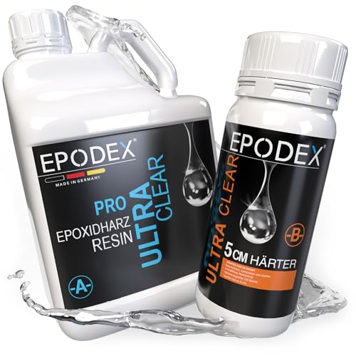 EPODEX Epoxidharz Set PRO+ | Kristallklares Epoxy Resin für Gießhöhen bis 5cm | Gießharz Set ohne oder mit Farbstoffen | Für River-Tische, Lampen, Projekte mit hohen Form- und Gussteilen, usw