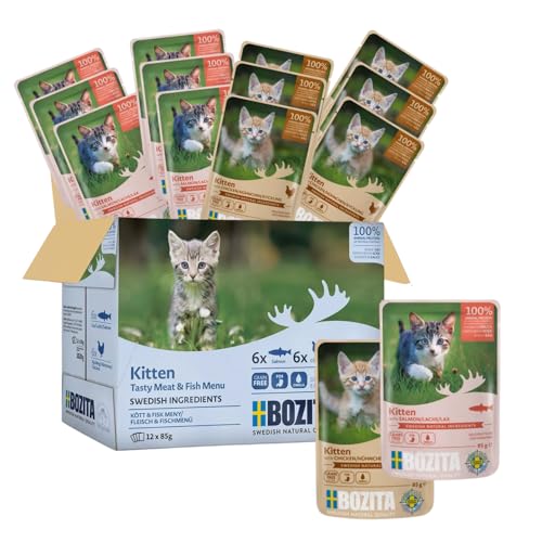 Bozita Nassfutter Häppchen in Sauce mit Fisch und Fleisch - 12x85g Portionsbeutel getreidefreies & weizenfreies Futter für Katzen - Katzennassfutter für Adult-Katzen mit 8,5% Protein & 4,5% Fettgehalt