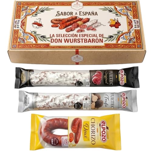 Wurstbaron – Spanisches Wurst-Geschenkset | Fuet Original + Fuet Trüffel + Chorizo | Gourmet Feinkost aus Spanien | Geschenkbox für Fleischliebhaber