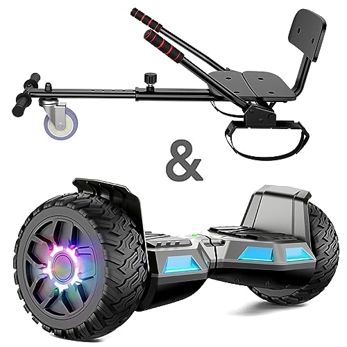 Hoverboard mit Sitzbefestigung, 8.5Zoll Self Balancing Scooters Go Kart mit Bluetooth und LED Lichtern, Gun+Black