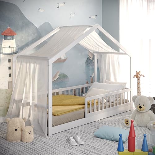 CADANI Malte Hausbett 90x200 cm Weiß, Montessori Bodenbett Rausfallschutz abnehmbar, Kinderbett Umbaubar inkl. Roll-Lattenrost, bis 200 kg belastbar