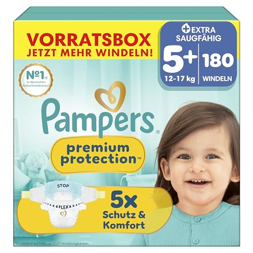 Pampers Premium Protection Größe 5+, 180 Windeln, 12kg-17kg, unser Nr. 1 Haut- und Auslaufschutz