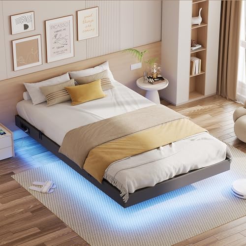 IRONCK Bettgestell 120x200 cm, Schwebender Bett mit LED Beleuchtung, Gepolsterte Seitenwände, 2 AC-Steckdosen, 1 USB-A-Anschluss, 1 USB-C-Anschluss, Metallbett mit Lattenrost Einzelbett, Grau