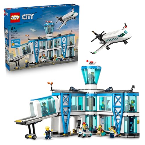 LEGO City Flughafen mit Flugzeug - Spielzeug Miniatur Modellbau mit Terminal, Flugzeug, Schlepperfahrzeug, Fluggastbrücke, 9 Minifiguren & Zubehör - Geburtstagsgeschenk für Jungen ab 8 Jahren - 60502