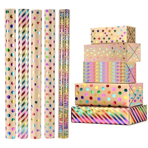 Freyeeti 5 Rollen Geschenkpapier Weihnachten, 43 cm x 300 cm, Enthält 2 Rollen doppelseitiges Klebeband und 1 Rolle Seil, Nature Kraftpapier Weihnachtsgeschenkpapier, Birthday Gift Wrapping Paper