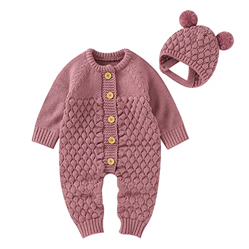 Strick-strampler Für Neugeborene Strick Strampler Einteiler Warm Sweater Jumpsuit Outfits Overall Mit Mütze Einfarbig Baby Jungen Mädchen Langärmelig Für Herbst Und Winter Pink 0-3 Months