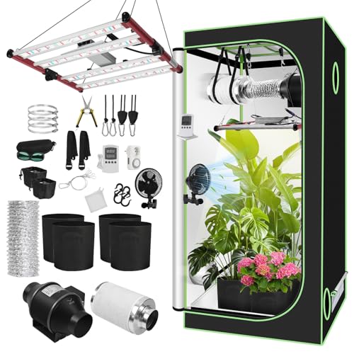 Ollewiellan Growzelt Komplettset 100x100x200cm, 240W Faltbar LED Grow Lampe, Vollspektrum Belüftungssystem, Indoor Hydroponik Zelt
