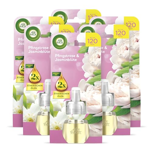 Air Wick Duftstecker Nachfüller – Duft: Pfingstrose und Jasminblüte – Floral-fruchtiger Raumduft für die Steckdose – 6x 19ml Duftölflakon-Nachfüller