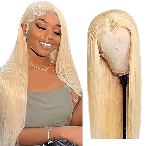 Creuost Echthaar Perücke 4x4 Transparente Spitze vorne Straight Lace Front Human Hair Wig Perücke Brazilian Virgin Hair No Tangle No Shedding For Women #613 Light Blonde 14 Inch