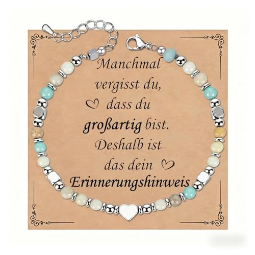 Herz Silber Armband Damen Geschenk - Einstellbar Edelstahl 4MM Natursteine Kugelarmband, Frauen Armbänder mit Herz Charm, Freundin Schwester Mutter Schmuck Geschenke für Valentinstag Geburtstag