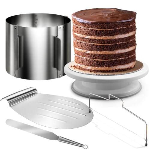 4smile Torten-Zubehör-Set 5 Teile - Tortenring verstellbar hoch 12 cm + Tortenschneider + Tortenheber + Tortenplatte drehbar + Streichpalette - Praktisches Backzubehör-Set