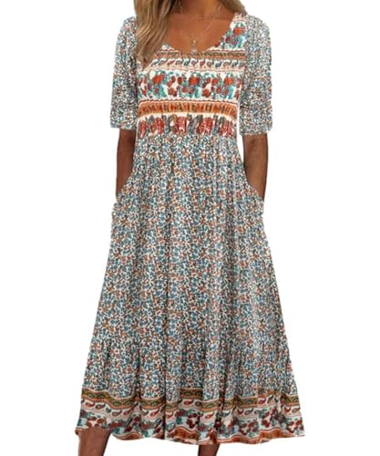 ABINGOO Damen Kurzarm Rundhals Sommerkleid Boho Blumendruck A-Linie Kleid Lose Midikleid Freizeitkleid Strandkleider mit Taschen(C-Blumen,XL)