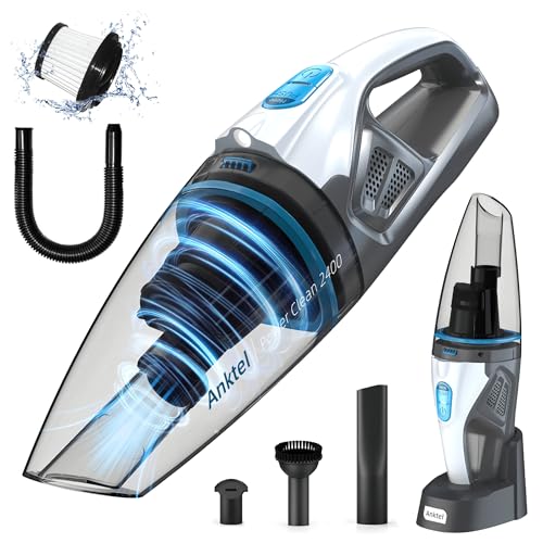Anktel Handstaubsauger 9000Pa mit Ladestation& LED Beleuchtung Handstaubsauger Akku Kabellos Nass&Trocken Handsauger mit Waschbar HEPA-Filter Beutellos per Auto, Haus -PowerClean 2400-
