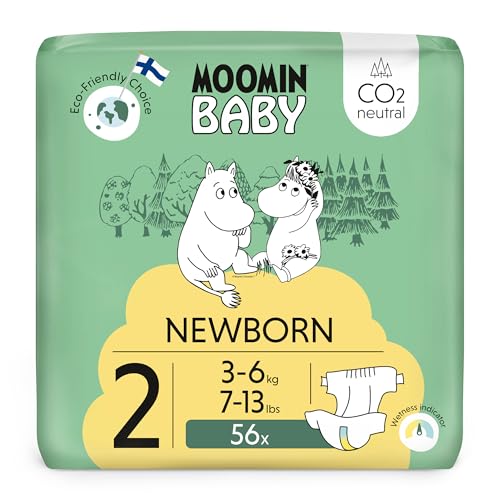 Moomin Baby Neugeboren Öko Windeln Größe 2, 3-6 kg 56 Stück, Weiche Premium Windeln mit Nässeindikator | Weich und hautfreundlich, Keine unnötigen Chemikalien |