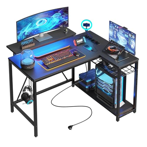 Bestier Gaming-Eckschreibtisch L-Form 106,5 cm – mit LED, Steckdosen, 2 Regalen & Haken – Umkehrbarer Computertisch für kleines Büro, Schlafzimmer & Gaming-Setup