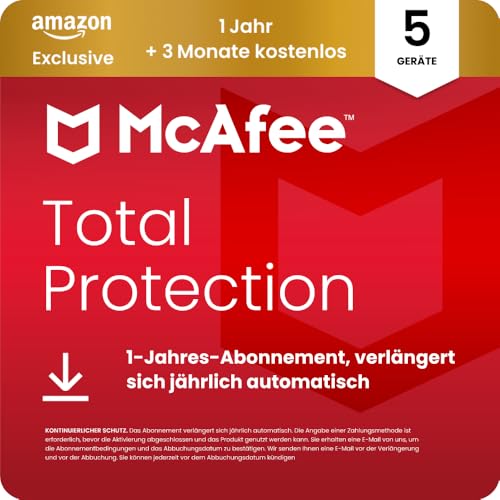 McAfee Total Protection 2026 (5 Geräte), 15 Monate Amazon Exklusiv | Virenschutz, VPN, Betrugsschutz, Sicherheitssoftware, Identitätsüberwachung | Abonnement mit automatischer Verlängerung | Download