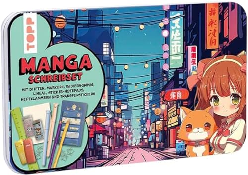 Manga Schreibset: Stifte, Marker, Radiergummi, Lineal, Heftklammern, 2 Transferstickerbogen, Haftnotizen