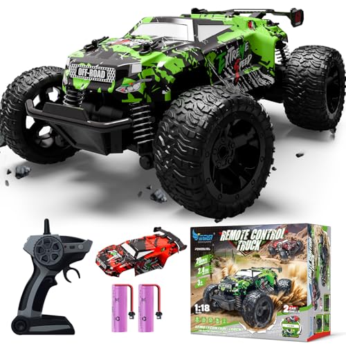 Ferngesteuertes Auto, Monstertruck Ferngesteuert ab 3 4 6 8 Jahre, 1:18 2.4Ghz RC Auto mit Doppelschale, Licht und 2 Akku, Ferngesteuerter Monstertruck Spielzeug Auto für Kinder Jungen Mädchen