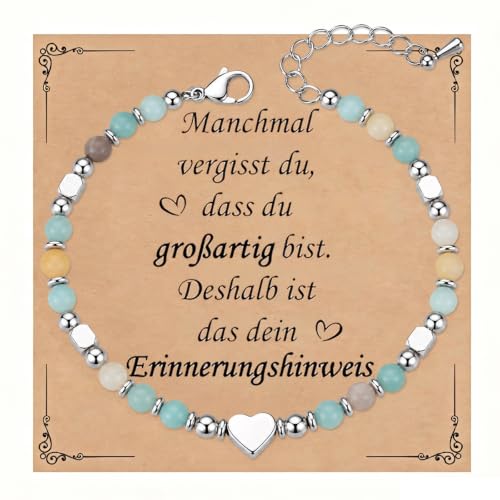 Herz Armband Silber Damen Geschenk, 4MM Natursteine Edelstahl Perlenarmband