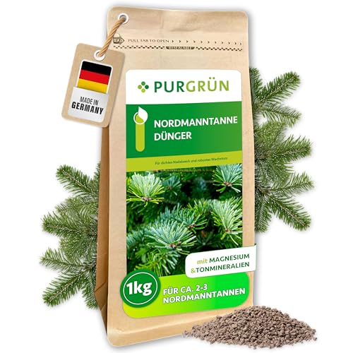 Purgrün® Nordmanntanne-Dünger 1 kg – Organisch-mineralische Rezeptur – Feinkörniges Krümelgranulat – NPK 9+4+8 – Extra Magnesium für leuchtend grüne Tannennadeln – Verbessert die Bodenqualität