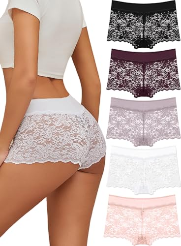 ALL OF SHE 5er Pack Unterwäsche Frauen Sexy Unterhosen Damen Spitze Atmungsaktive Boxershorts Damen Panties Hipster Stretch-Baumwolle Bund Dessous Mehrpack M